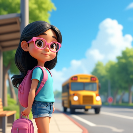 A boy with a red backpack waiting at a bus stop as a yellow school bus approaches.